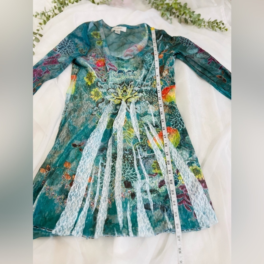 Dressbarn Y2K Lace Tunic Top Small Green Floral Sheer Sleeves Fairy Grunge - Picture 8 of 11